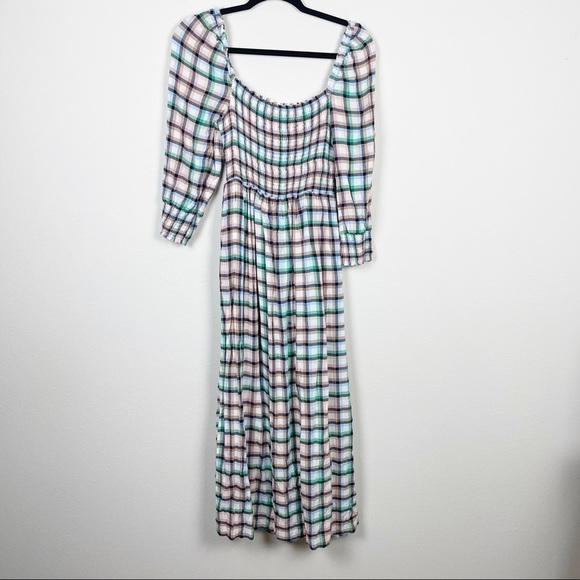 Anthropologie Maeve Cerie Picnic Plaid Square Neck Smocked Midi Dress Casual - Picture 4 of 8